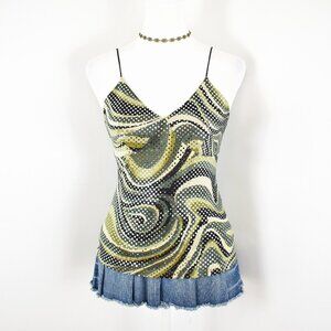 Vintage 2000s Y2K F21 Green Cream and Black Swirl Print Sequins Cami Top Size S